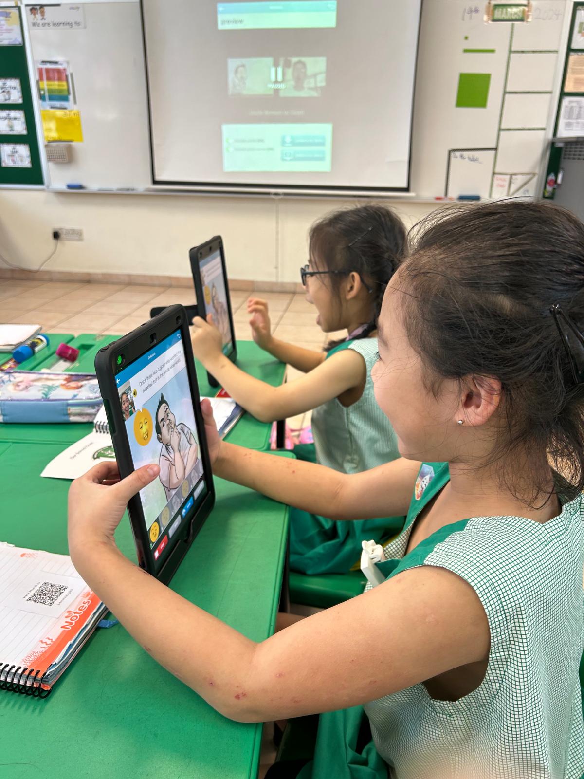 A student using Moo-o to read her character's lines